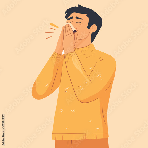 Male character sneezing or coughing Man blowing his nose in handkerchief Flat vector illustration