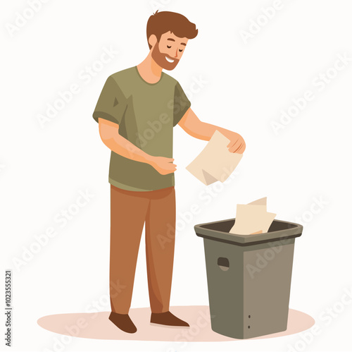 Man Disposing Paper Waste in Trash Bin Vector Illustration