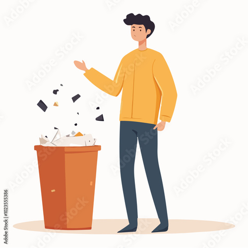 Man Disposing Paper Waste in Trash Bin Vector Illustration