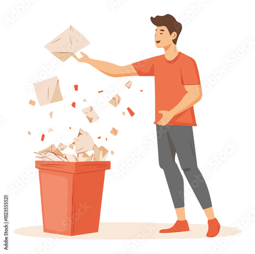 Man Disposing Paper Waste in Trash Bin Vector Illustration