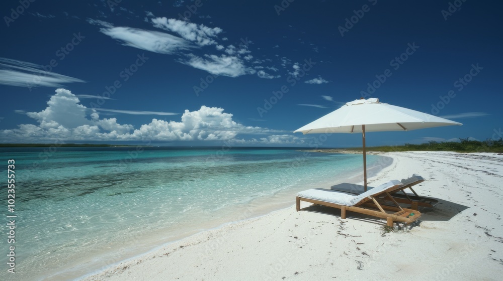 Fototapeta premium A beach chair reclined under a parasol at a beautiful tropical beach