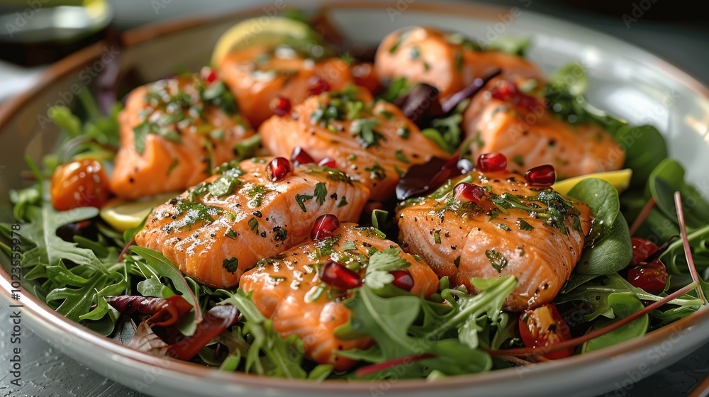 A salmon salad, with chunks of salmon, mixed greens, and a lemon vinaigrette. A salmon salad, with chunks of salmon, mixed greens, and a lemon vinaigrette.