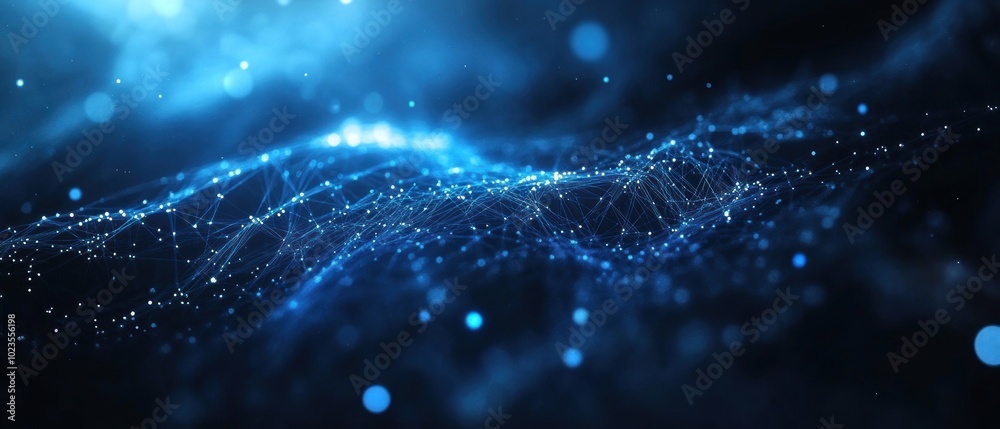 Abstract Blue Network with Glowing Points and Blurred Lights