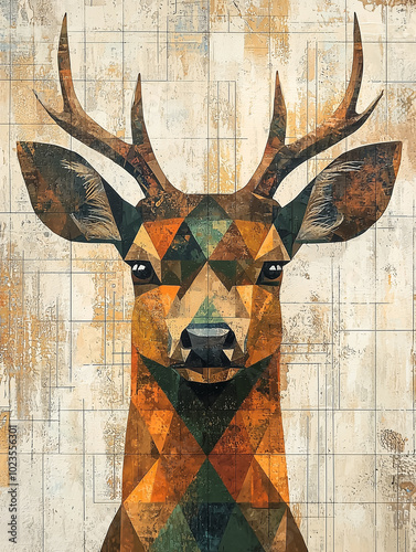 geometric deer head portrait on a distressed mosaic background in warm tones