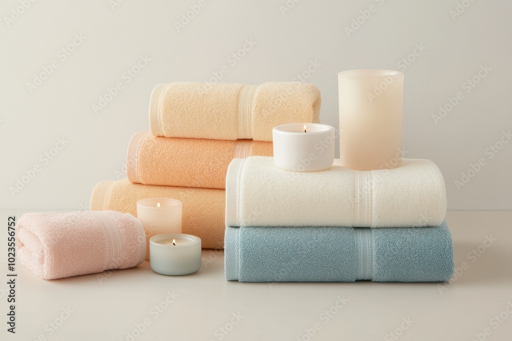 Serene Spa Retreat with Rolled Terry Towels in Soft Pastel Shades and Scented Candles Serene Spa Retreat with Rolled Terry Towels in Soft Pastel Shades and Scented Candles