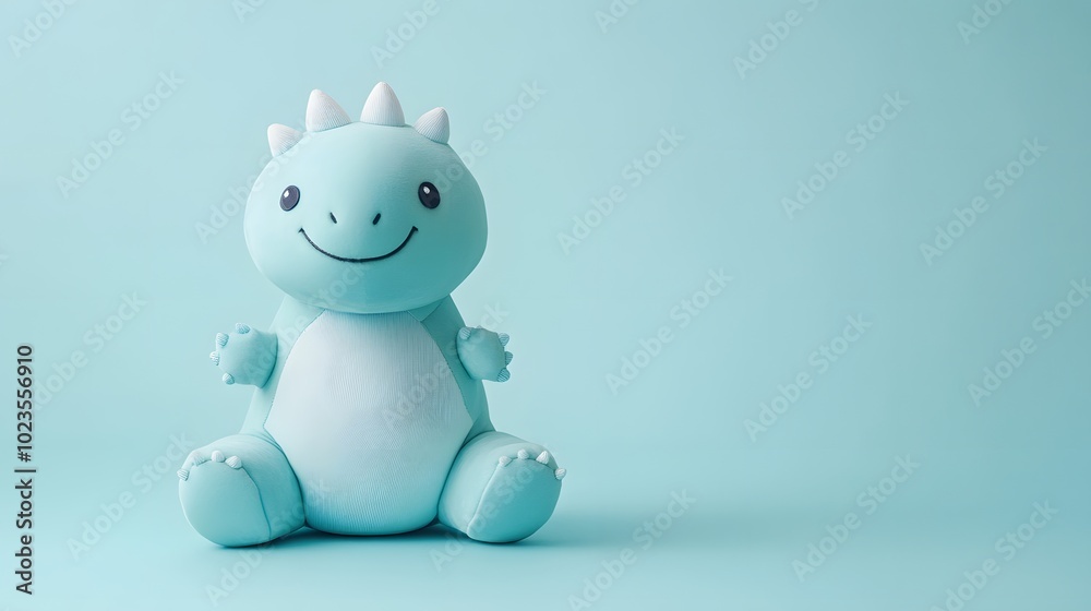 A cute, aqua-colored dinosaur toy with a smiling face sits against a light blue background. A cute, aqua-colored dinosaur toy with a smiling face sits against a light blue background.