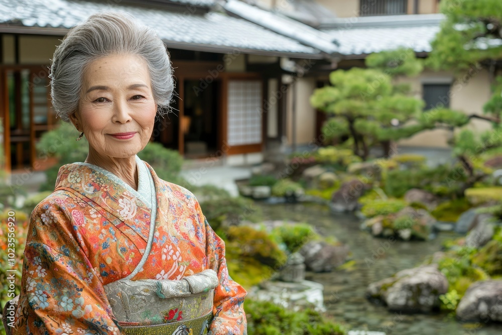 Elderly Japanese Woman in Traditional Kimono, Smiling in a Garden Setting Elderly Japanese Woman in Traditional Kimono, Smiling in a Garden Setting