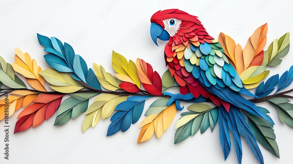 Fototapeta premium Paper cut parrot with layered, vibrant feathers in striking reds, blues, and greens, perched on a colorful branch, paper cut parrot, colorful wildlife art