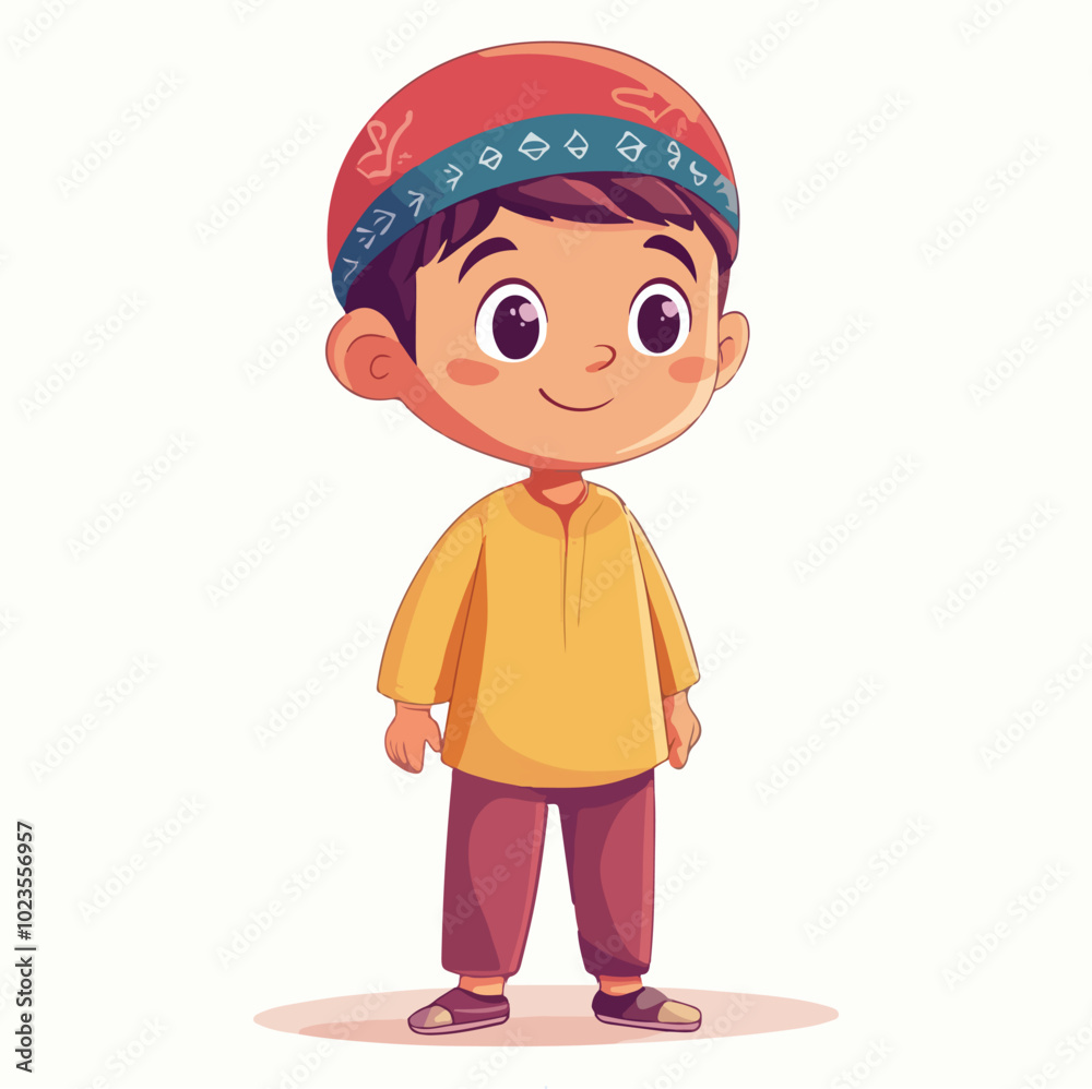 Smiling Muslim Boy in Traditional Attire Vector Illustration Smiling Muslim Boy in Traditional Attire Vector Illustration