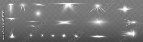 Light effect, star, flare, sparkle set. Glowing light bursts with sparkles. Sun rays light 3d elements on transparent background.	