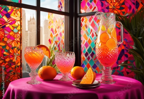 stunning visuals vibrant beverages displayed unique glassware arrangements showcasing colorful artistic presentations, cocktails, drinks, colors, designs photo