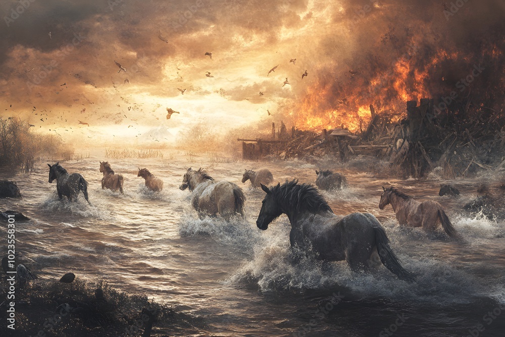 Fototapeta premium A dramatic scene depicting horses running through turbulent waters, framed by a fiery sunset and a backdrop of chaos and destruction.