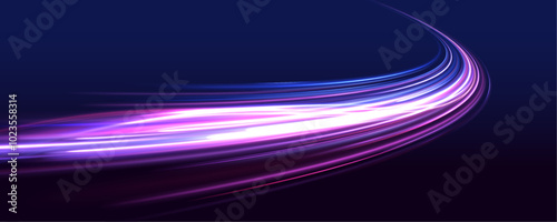 Vibrant neon waves on dark backdrop, ideal for modern design projects. Neon color glowing lines. Electric car and city concept Hitech communication concept innovation background, vector design. 
