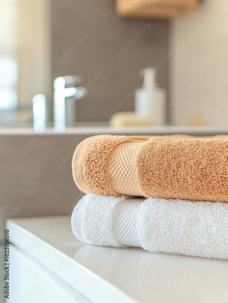 Serene Spa Vibes - Close-up of Neatly Folded Terry Towels in Earthy Tones with Modern Bathroom Background Serene Spa Vibes - Close-up of Neatly Folded Terry Towels in Earthy Tones with Modern Bathroom Background