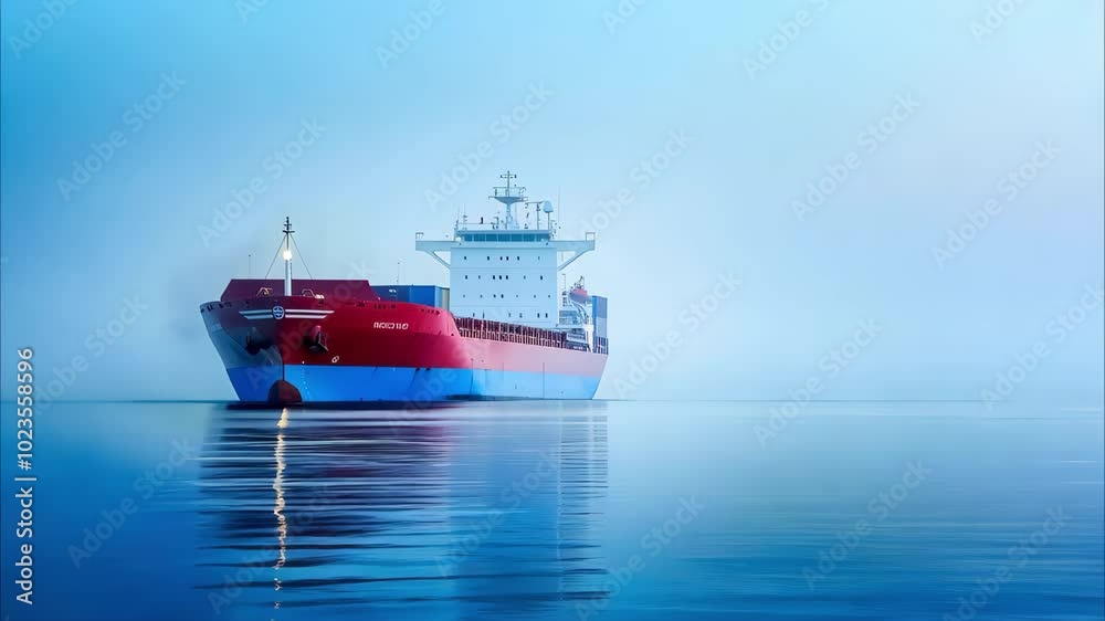 A large cargo ship is anchored peacefully in calm waters, surrounded by a misty atmosphere. A large cargo ship is anchored peacefully in calm waters, surrounded by a misty atmosphere.