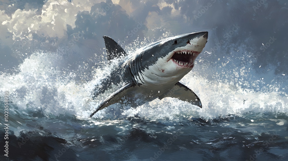 Naklejka premium A dynamic depiction of a great white shark breaching the surface of turbulent ocean waters, showcasing its powerful presence and raw energy.