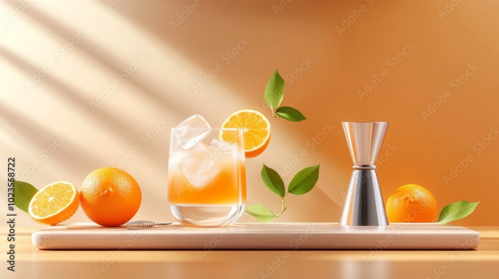 Orange Juice Cocktail with Ice and Garnish on Wooden Board Orange Juice Cocktail with Ice and Garnish on Wooden Board