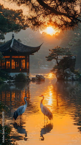 sunset on asian lake
