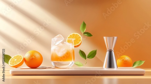 Orange Juice Cocktail with Ice and Garnish on Wooden Board