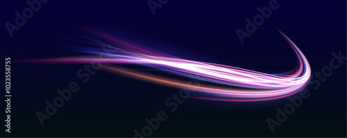 Speed connection vector background. Vector swirl trail effect. Light trail wave, fire path trace line, car lights, optic fiber and incandescence curve twirl. 