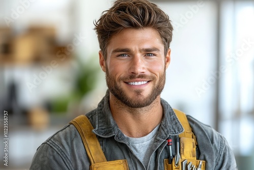 A young carpenter, casually dressed in denim, beams a wide smile in a workshop filled with tools, exuding a sense of joy and passion for his creative, hands-on work.