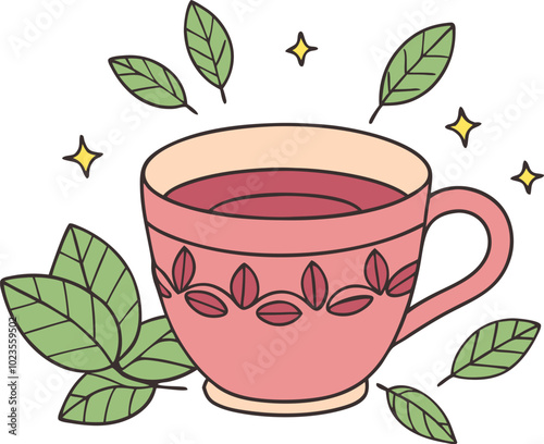 Herbal tea cup illustration with decorative leaves and stars in flat cartoon style