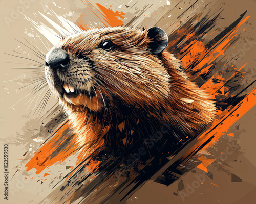 vivid orange brush strokes enhance this dynamic geometric beaver portrait