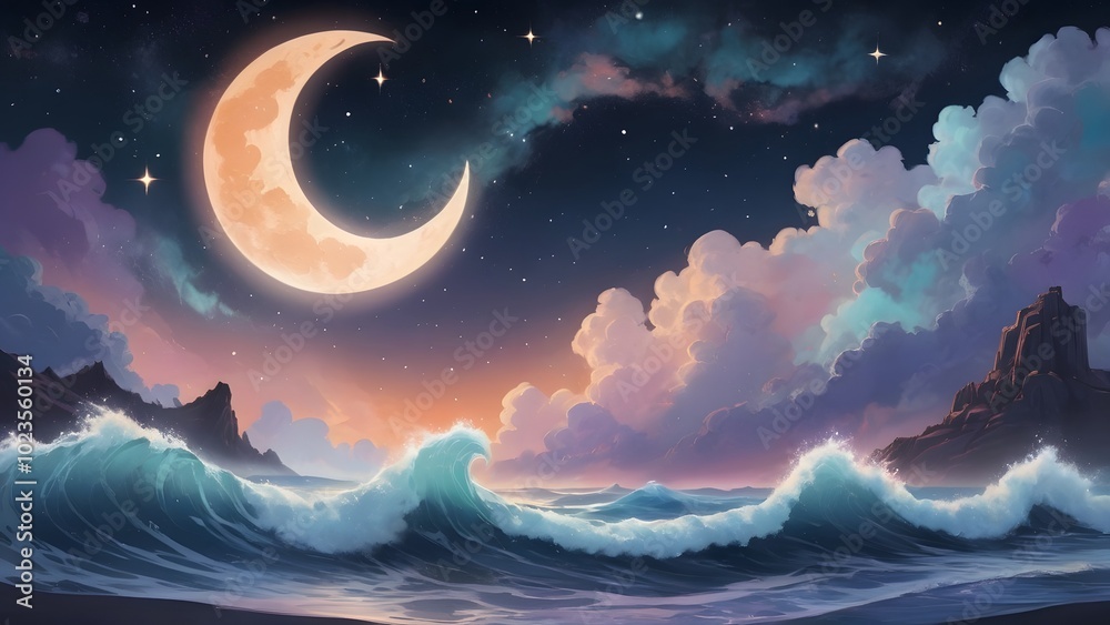 Moonlit Ocean Waves Under a Starry Sky, Capturing Tranquil Nighttime Serenity and the Magic of Nature’s Timeless Beauty in a Dreamlike Coastal Landscape. Moonlit Ocean Waves Under a Starry Sky, Capturing Tranquil Nighttime Serenity and the Magic of Nature’s Timeless Beauty in a Dreamlike Coastal Landscape.