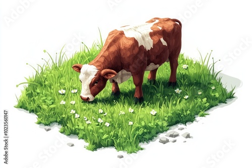 Cute Isometric Illustration of a Grazing Cow