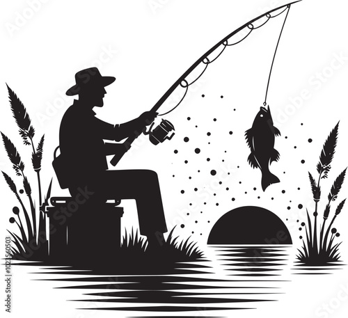 Fisherman Fishing Silhouette illustration isolated on a white background