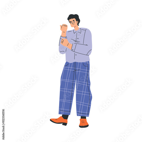 Man Character Dress Up Put On Clothes Button Shirt Sleeve Vector Illustration