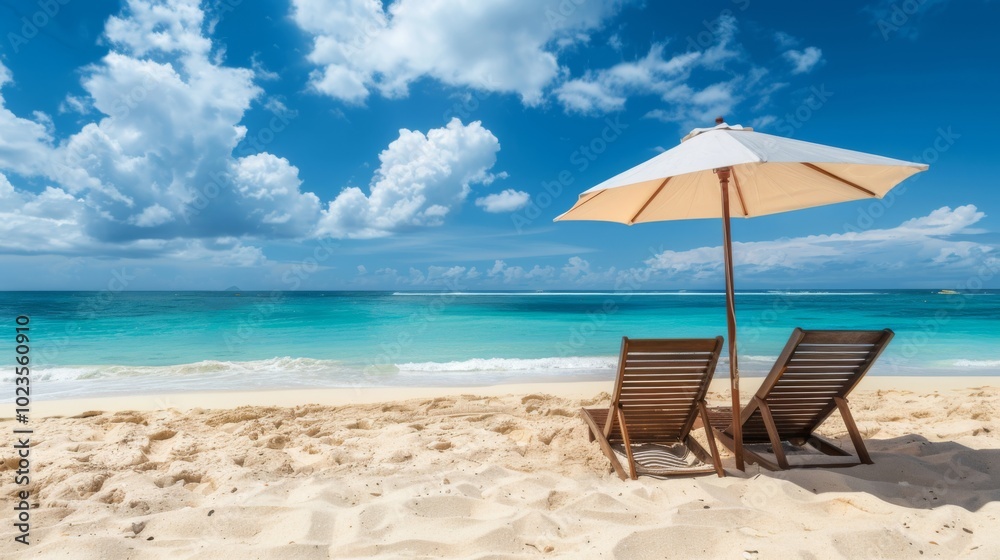 A beach chair reclined under a parasol at a beautiful tropical beach A beach chair reclined under a parasol at a beautiful tropical beach