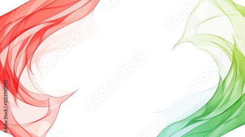 Abstract design featuring flowing red and green shapes on a white background.