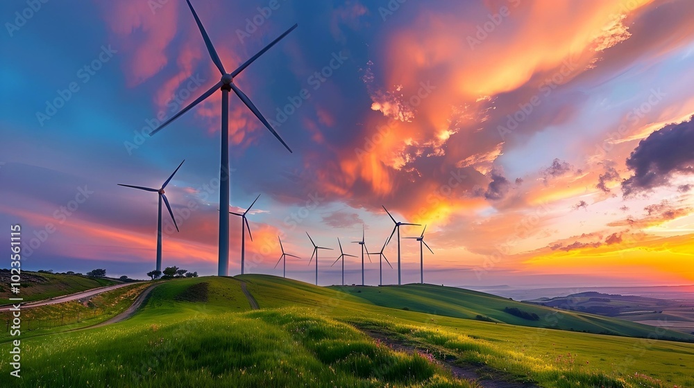 Obraz premium Wind turbines on a green field at sunset with a dramatic sky and vibrant colors. Renewable energy and sustainability concept for posters and wallpapers