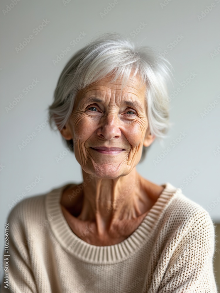 An elderly woman with silver hair and a warm smile sits comfortably, dressed in a cozy sweater. The soft light illuminates her face, highlighting the gentle lines that tell stories of a full life in a An elderly woman with silver hair and a warm smile sits comfortably, dressed in a cozy sweater. The soft light illuminates her face, highlighting the gentle lines that tell stories of a full life in a