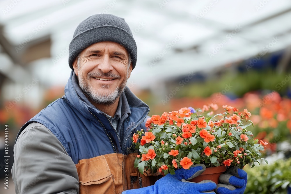 A middle-aged man dressed warmly with a beanie and gloves holds a flower pot, smiling proudly amidst a greenhouse, radiating contentment and achievement in gardening. A middle-aged man dressed warmly with a beanie and gloves holds a flower pot, smiling proudly amidst a greenhouse, radiating contentment and achievement in gardening.