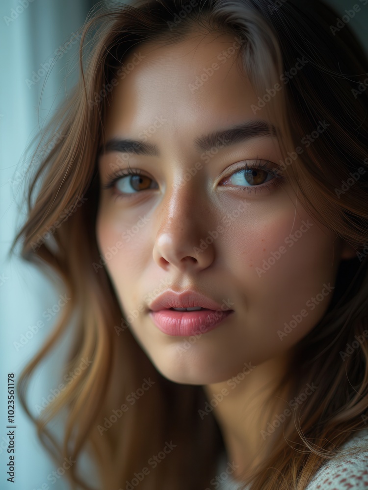 A young woman with flowing hair is captured in soft natural light, standing by a window. She gazes thoughtfully, showcasing a serene expression and natural beauty, creating an intimate and contemplati A young woman with flowing hair is captured in soft natural light, standing by a window. She gazes thoughtfully, showcasing a serene expression and natural beauty, creating an intimate and contemplati