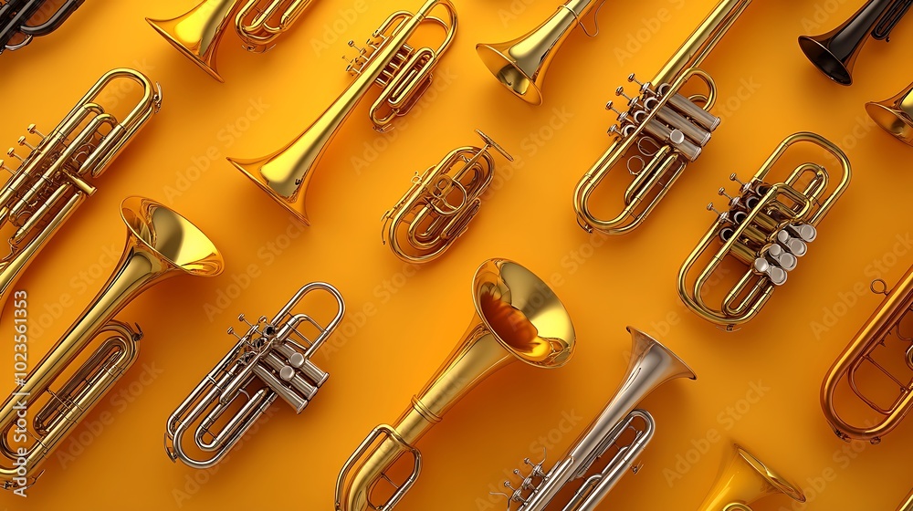A vibrant depiction of a collection of brass instruments like trumpets, French horns, and tubas, placed in a radial pattern on a pastel orange background.