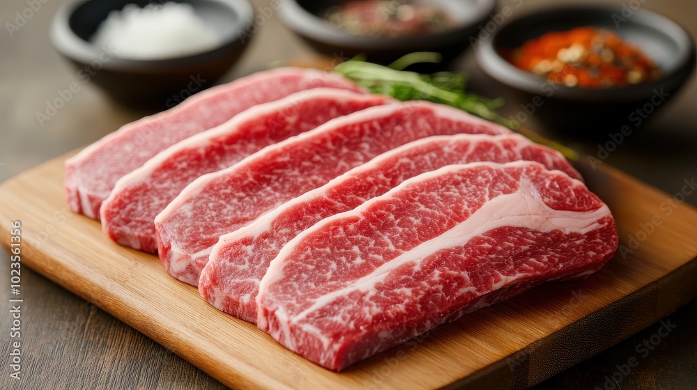 Premium Marbled Beef Slabs on Cutting Board with Seasoning Bowls - Rustic Kitchen Scene Premium Marbled Beef Slabs on Cutting Board with Seasoning Bowls - Rustic Kitchen Scene