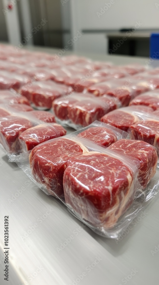 Beef Vacuum-Sealing Process in Meat Processing Facility for Storage and Sale Beef Vacuum-Sealing Process in Meat Processing Facility for Storage and Sale