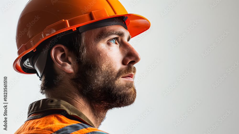 Fototapeta premium Male Worker in Helmet Side View Close Up with White Background