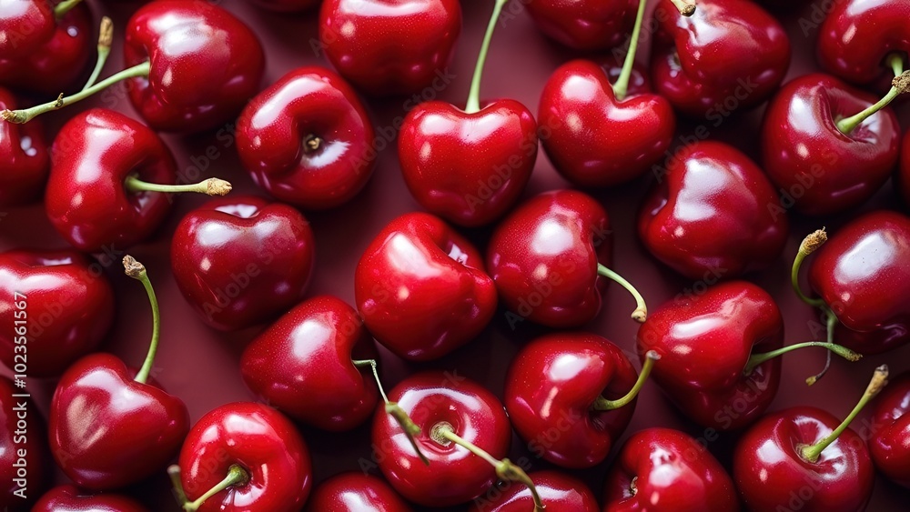This image captures a close-up view of several fresh, red cherries arranged randomly on a solid surface, showcasing their shiny and smooth appearance in natural light. This image captures a close-up view of several fresh, red cherries arranged randomly on a solid surface, showcasing their shiny and smooth appearance in natural light.