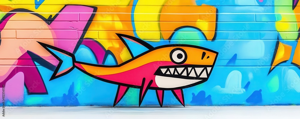 Fototapeta premium Sharp-fanged creature, small but terrifying, rendered in pop art style, bold colors, against a graffiti wall background
