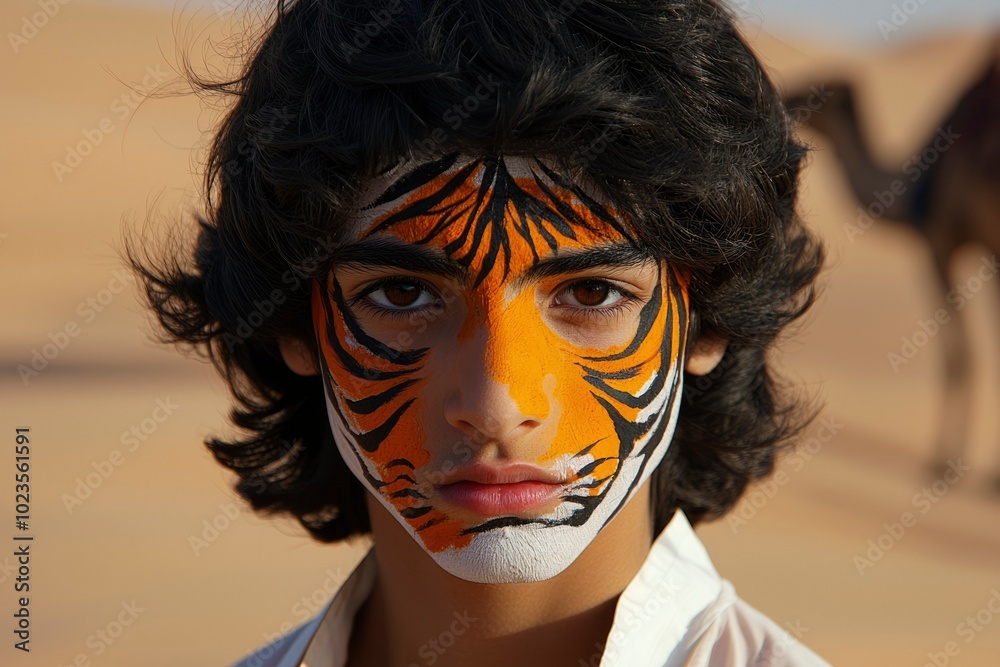 A Young Boy with a Tiger Face Paint in a Desert Setting