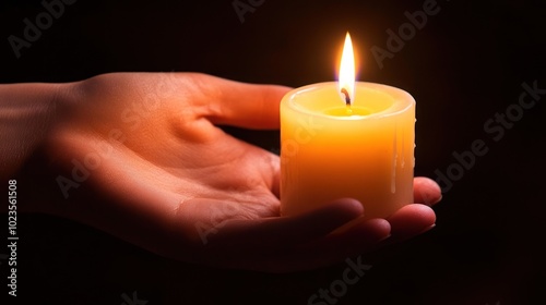 A hand holding a lit candle against a dark background. The candle is burning brightly, casting a warm glow.