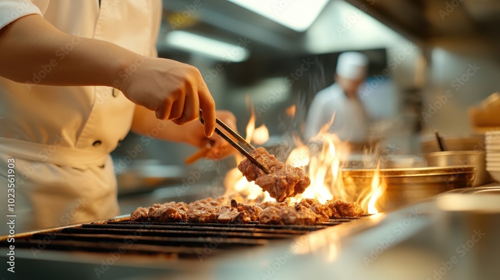 Master Chef Grilling Succulent Beef Cuts on Open Flame in Professional Kitchen Master Chef Grilling Succulent Beef Cuts on Open Flame in Professional Kitchen