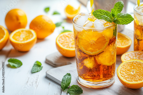  Refreshing iced tea with fresh orange slices and mint