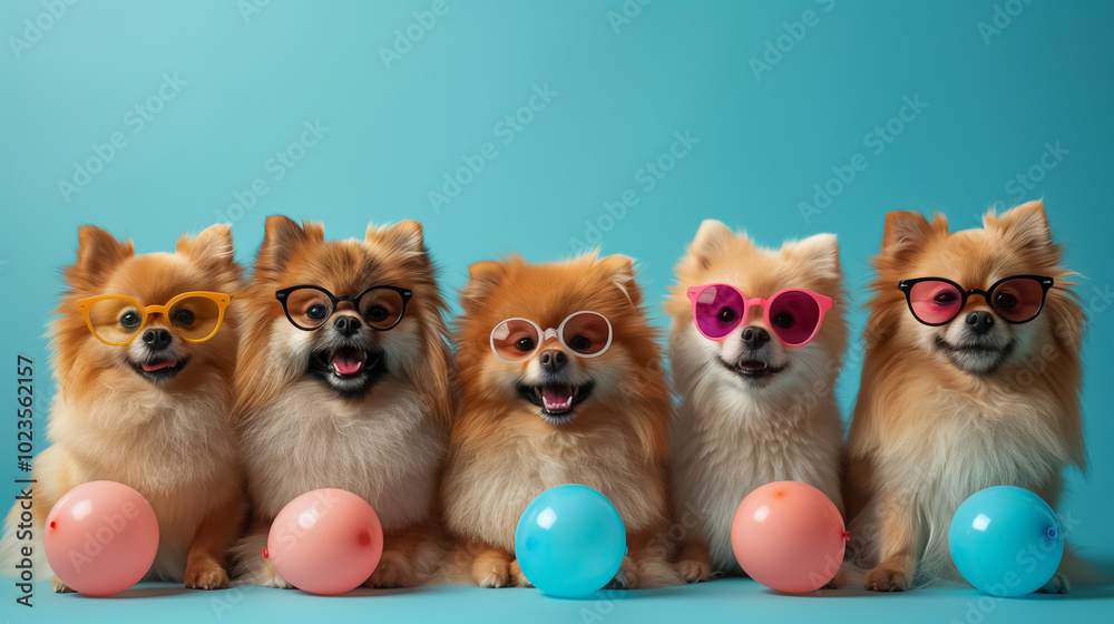 Funny Dogs with Party Glasses and Balloons on Blue Background