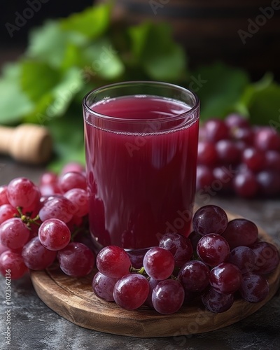 A wine glass filled with grape juice, isolated on white background. 