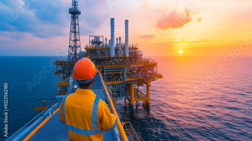 Obraz na płótnie A worker in safety gear observes an offshore oil rig during a stunning sunset, highlighting the intersection of industry and nature. w salonie